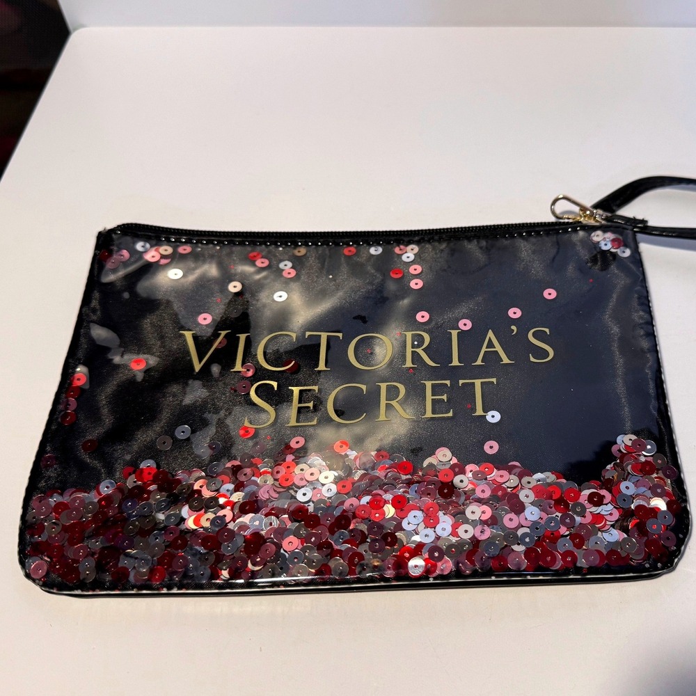 NWOT‎ Victoria's Secret Sequin Wristlet Clutch Black Red Pink Cosmetic Pouch
